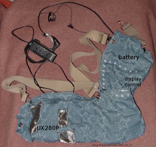 all components arranged in the denim bag, bag closed all components arranged in the denim bag, bag closed